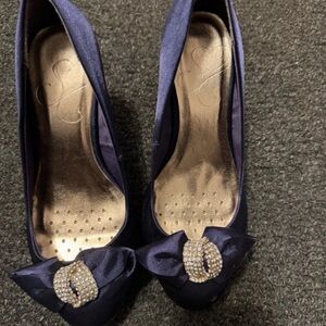 & Other Stories Navy Satin Heels with Rhinestone Bow